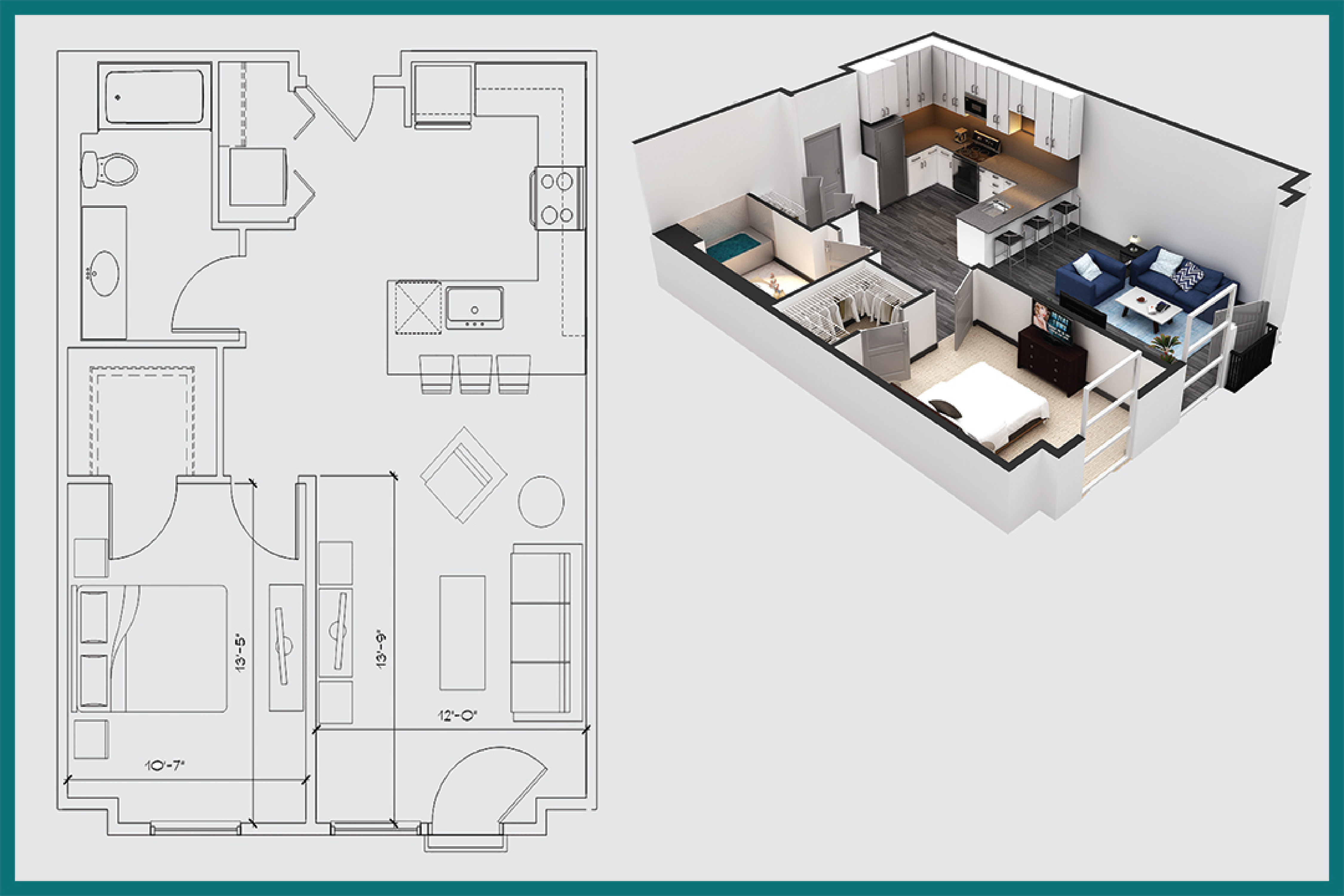 Floor plan for 1 bed, 1 bath, 720 sqft